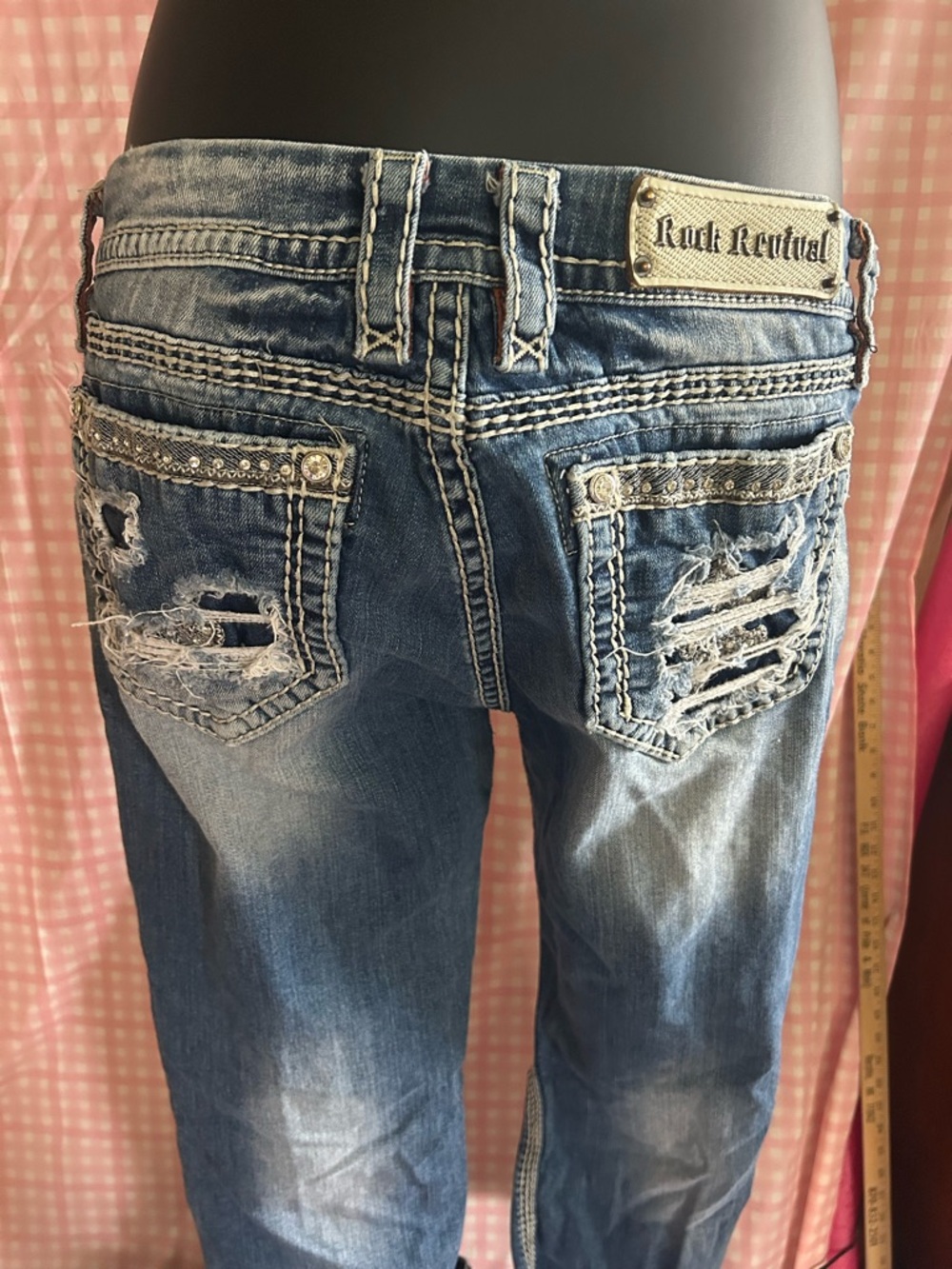 Rock Revival Blue Distressed Rhinestone Back Pocket Jeans